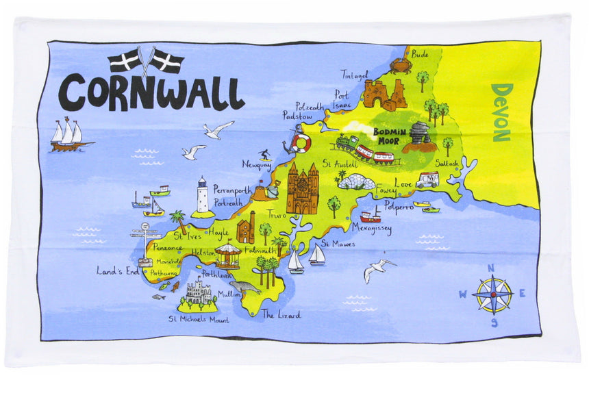 Cornwall Map Printed Tea Towel