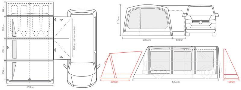 Outdoor Revolution Movelite T4E Euro Low Drive Away Awning Dimensions