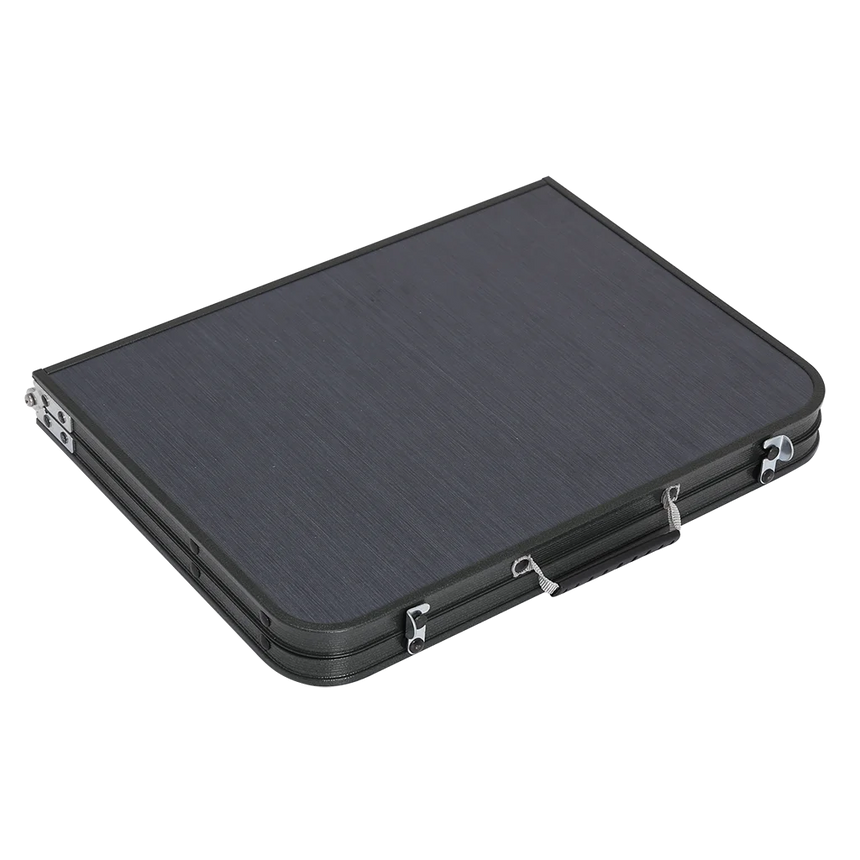 Quest Superlite Witney camping table folded in half, showing the carry handle and fastening clips
