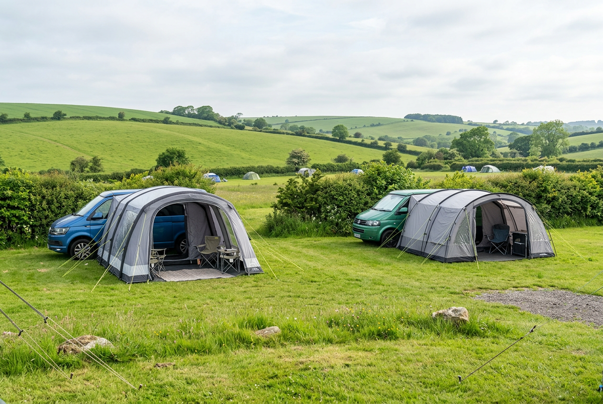 Two campervans with grey drive-away awnings and camping chairs on neighbouring grassy pitches, with rolling green countryside behind them.