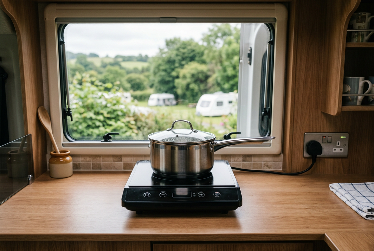 A stainless steel saucepan on a portable induction hob in a campervan kitchen, with caravans and a green campsite visible through the window.