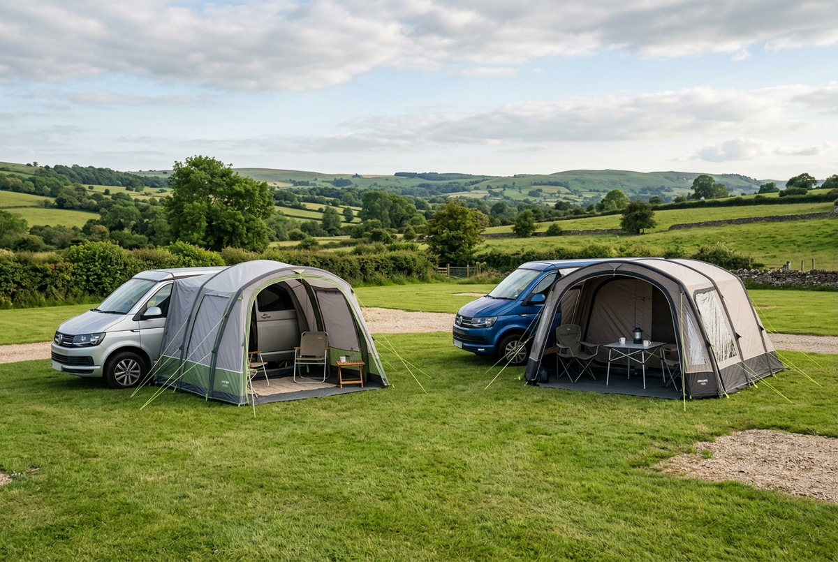 Two campervans with grey drive-away awnings, camping chairs and a table on a grassy campsite overlooking rolling green hills.