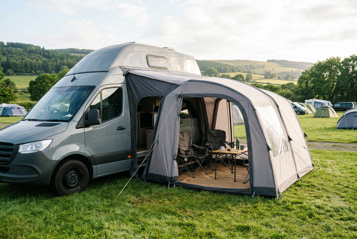 An inflatable drive-away awning attached to the side of a tall high-roof campervan at a grassy campsite, with camping chairs and a table beneath it and hills in the background