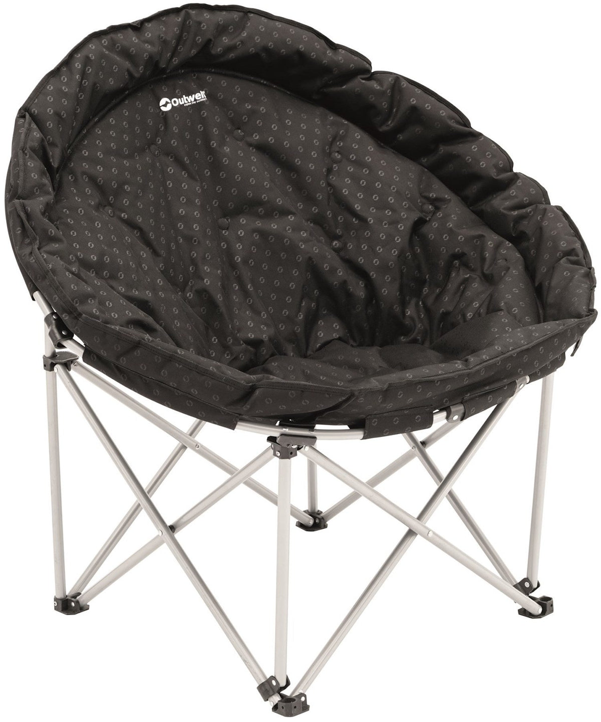 Black padded Outwell Casilda XL moon chair with a silver folding frame on a white background.
