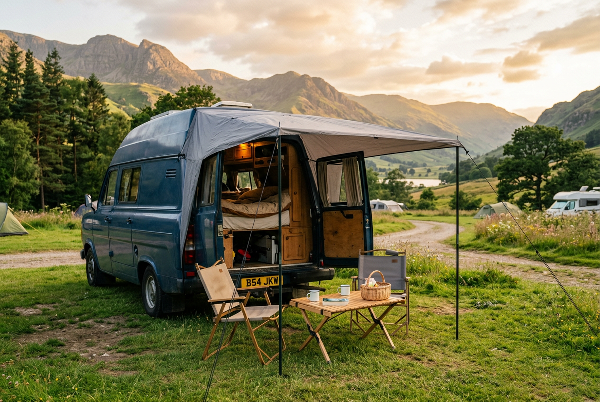 A rear tailgate awning attached to the back of a blue campervan at a grassy campsite, with camping chairs and a table beneath it and hills in the background