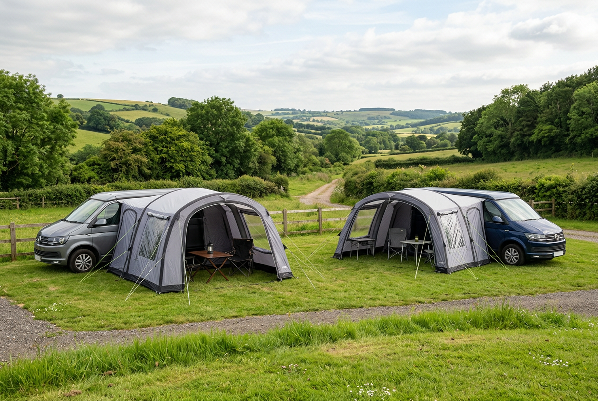 Two campervans with grey inflatable drive-away awnings, camping tables and chairs on a grassy campsite overlooking green countryside.