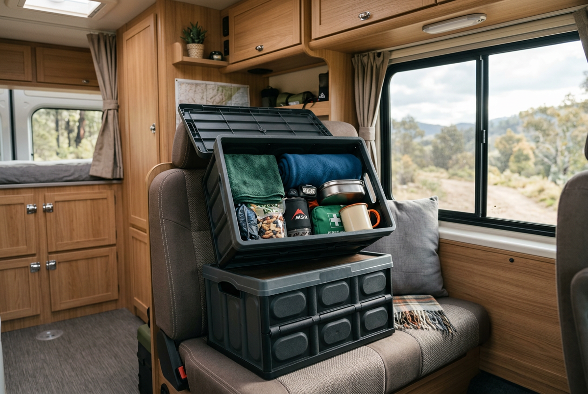 A dark grey folding storage box with its lid open, filled with camping gear, stacked on another dark grey folding box on a campervan seat, with a wooden campervan interior and a window view behind