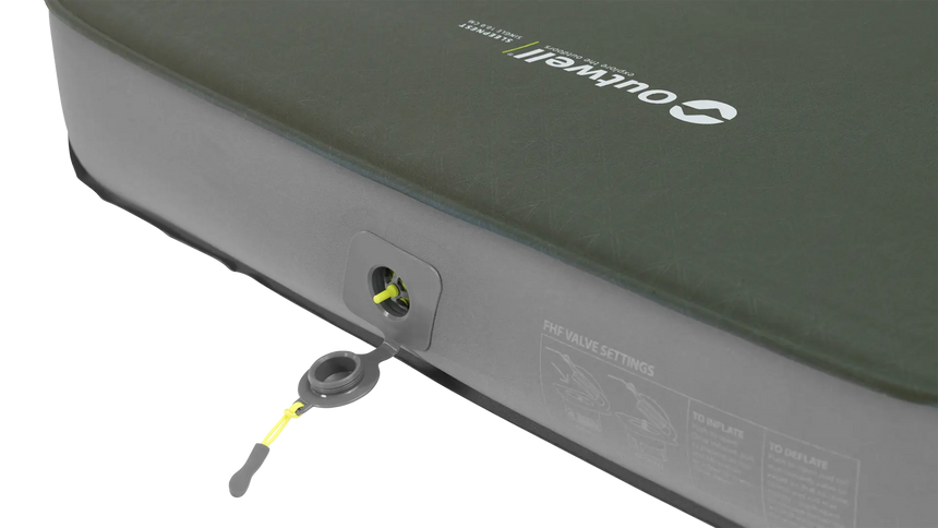 Inflatable camping mattress with valve and Outwell branding 