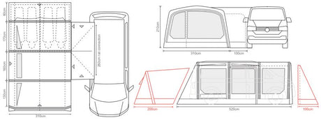 Outdoor Revolution Movelite T4E Euro Low Drive Away Awning Dimensions
