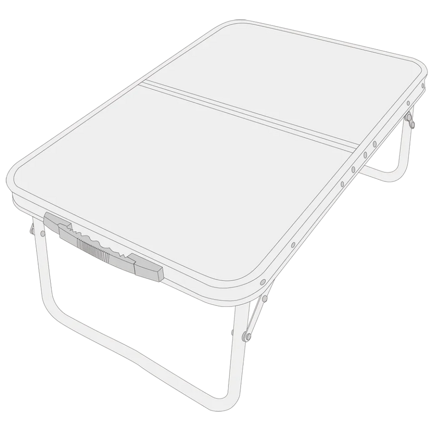 Line drawing of the Witney folding table showing the centre fold, carry handle and extended legs